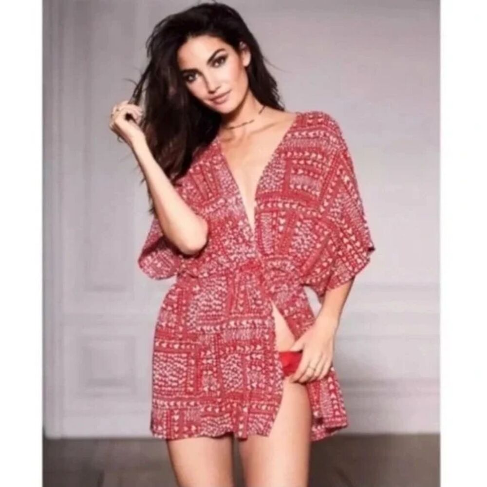 Victoria's Secret Robe OS Women's Red Heart Print Tie Front Kimono Sleepwear